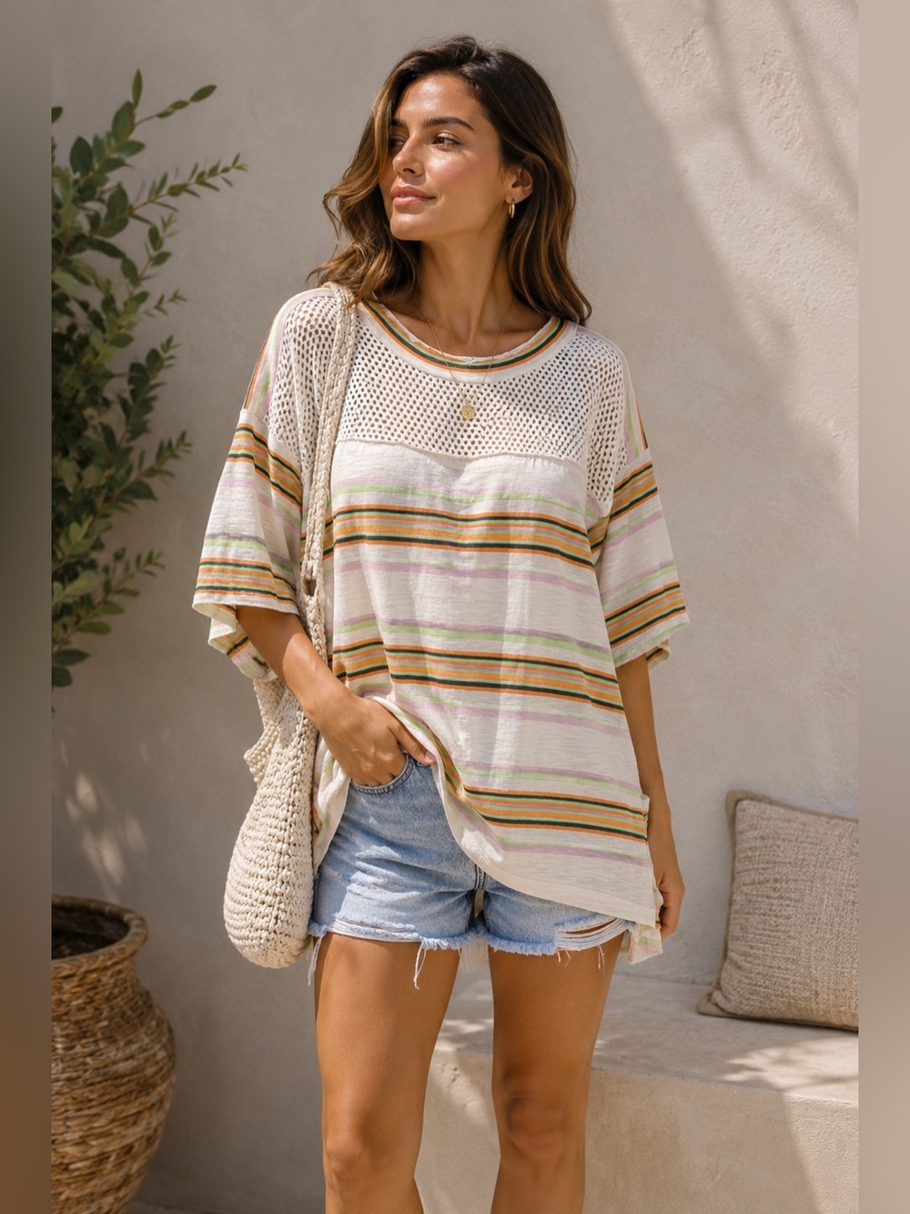 Free People We The Free Striped Mesh Yoke Tee NWT cottagecore #133S #134M #135M